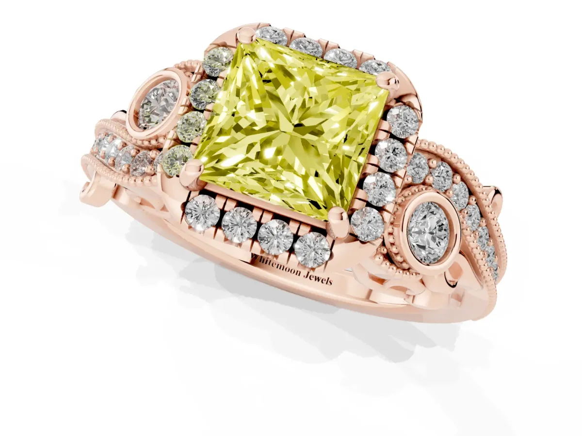 Fancy Yellow Princess Cut Diamond Halo Ring with Milgrain Pavé Band and Four-Prong Setting Rose gold
