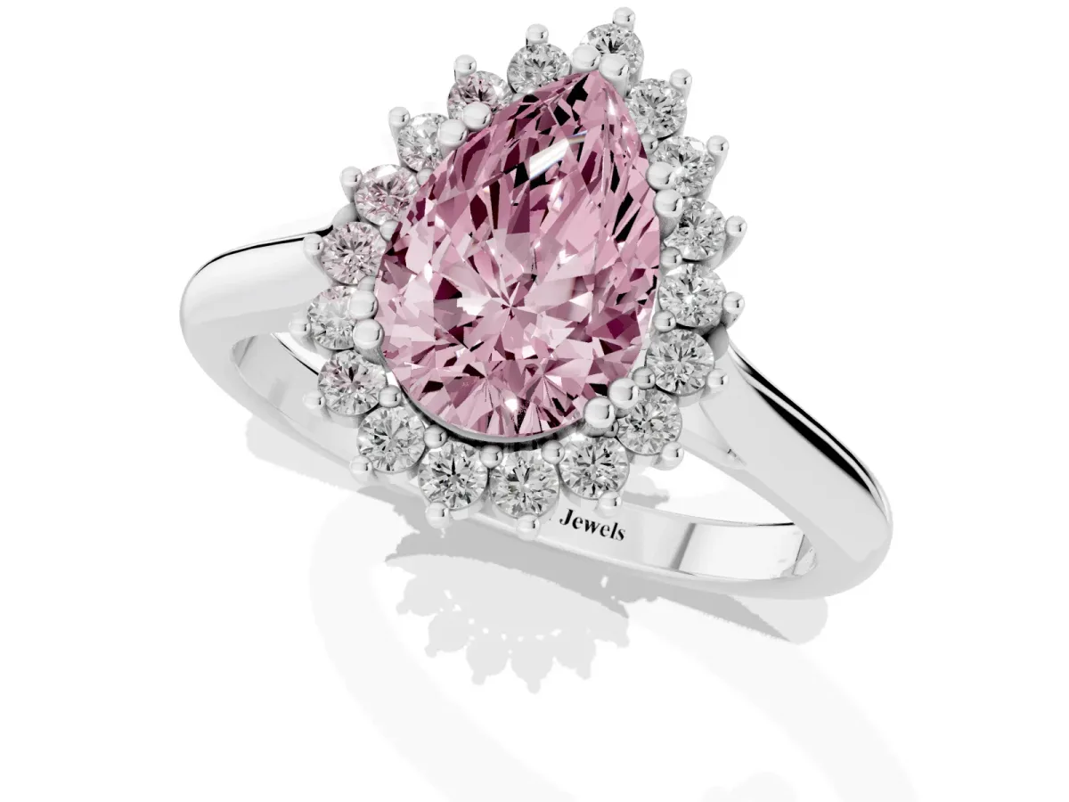 Fancy Pink Pear Cut Cut Diamond Halo Ring with Solitaire Band and Prong Setting Silver