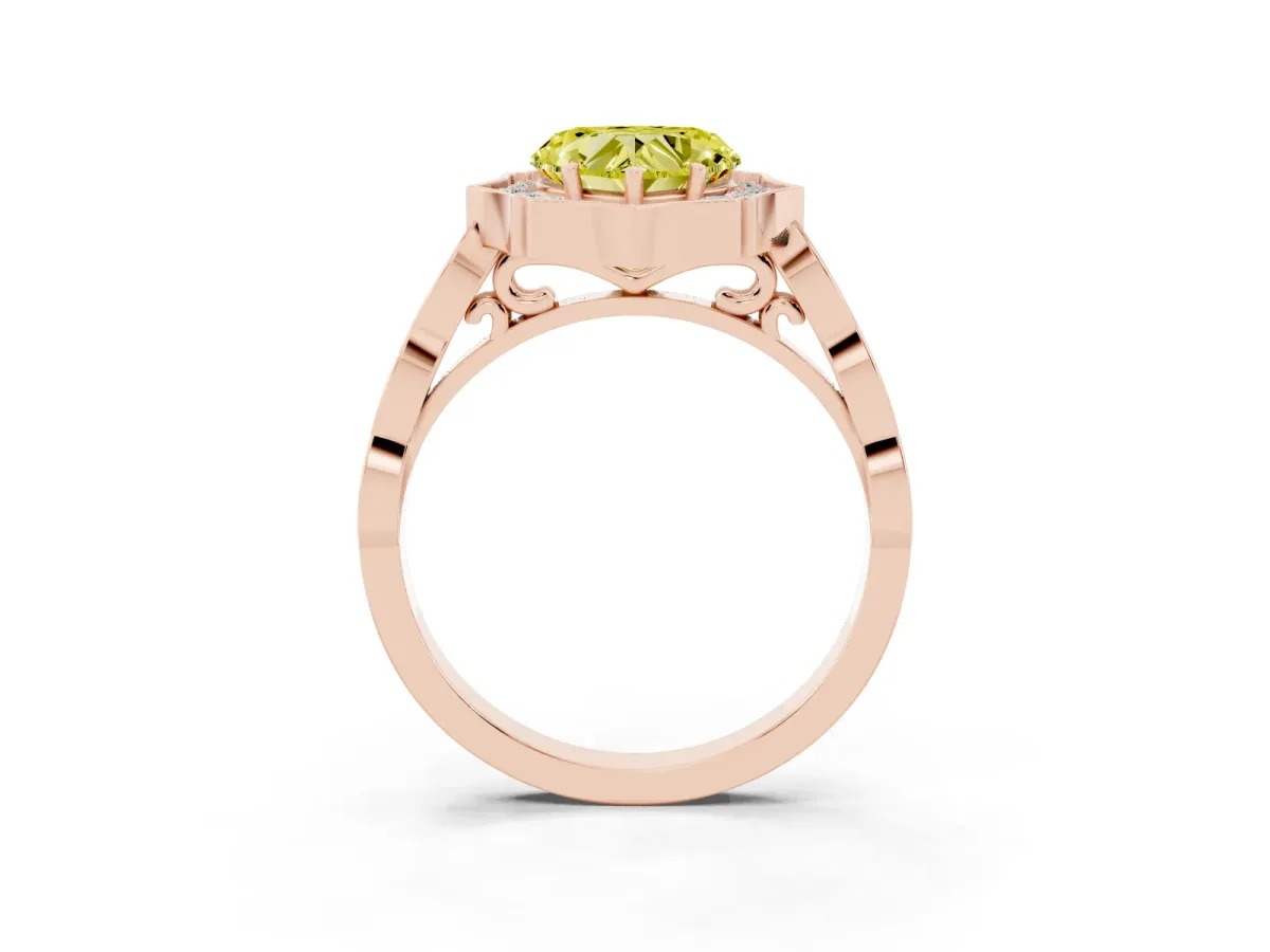 Fancy Yellow Heart Cut Halo Diamond Engagement Ring with Milgrain Band and Four-Prong Setting Rose gold
