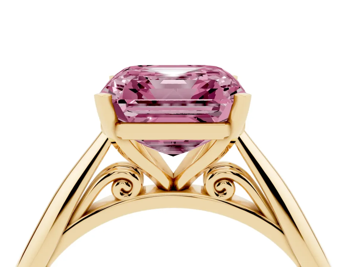 Fancy Pink Asscher Cut Diamond Solitaire Engagement Ring with Cathedral Setting and Four-Prong Mount Yellow gold