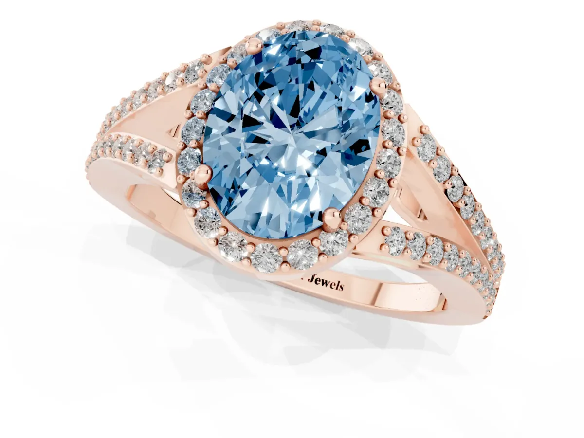 Fancy Blue Oval Cut Halo Split Shank Diamond Ring with Prong Setting Rose gold