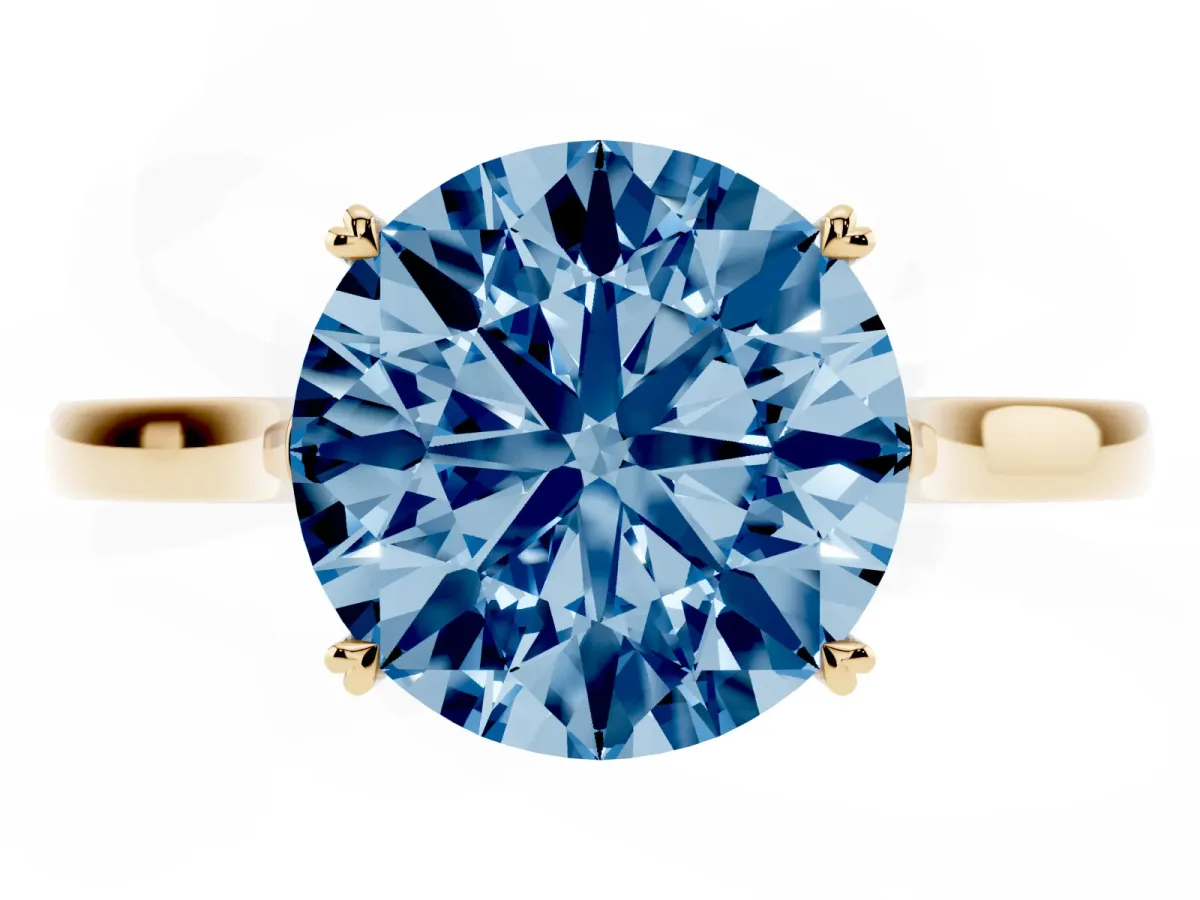Fancy Blue Round Cut Solitaire Heart Prong Engagement Ring with Tapered Band Yellow gold