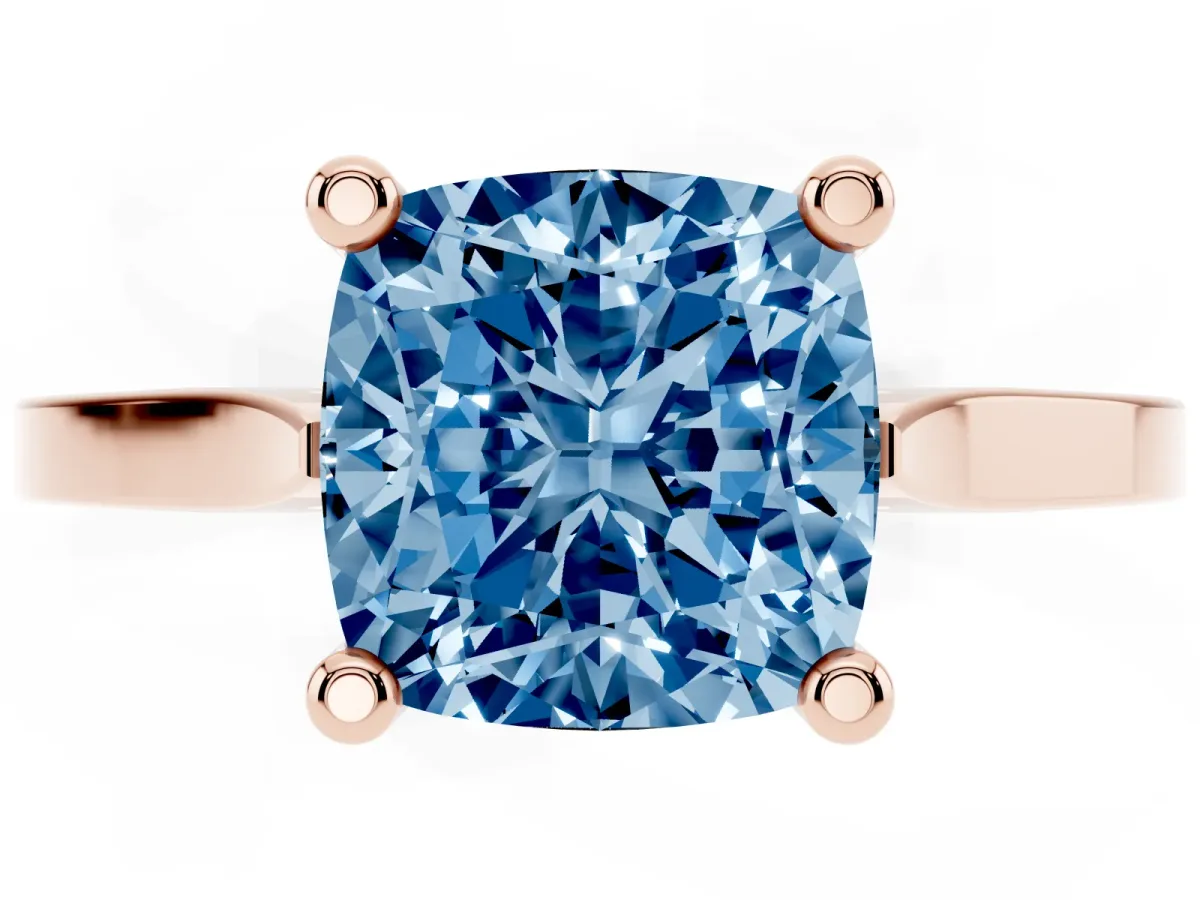 Fancy Blue Cushion Cut Solitaire Diamond Ring with Four-Prong Setting and Tapered Band Rose gold