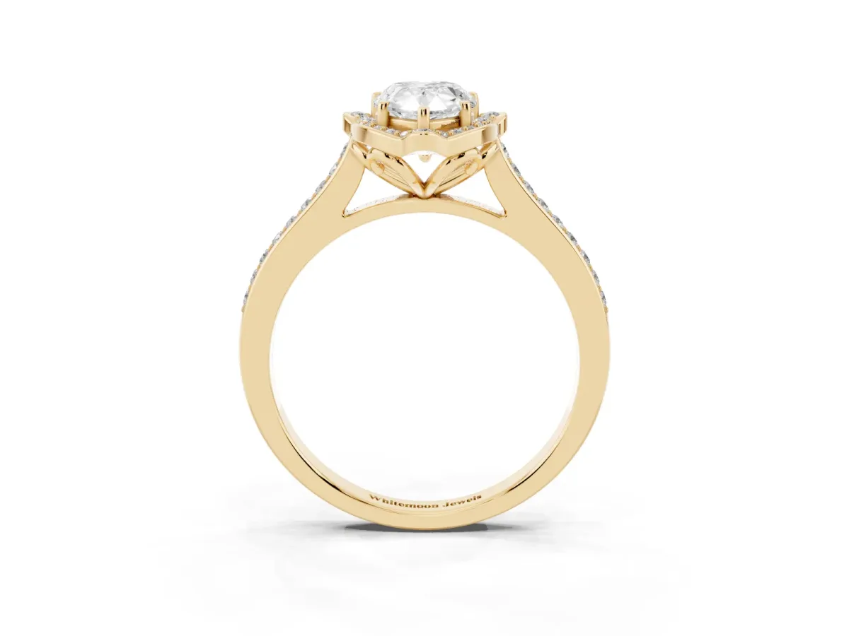 Pear Cut Halo Round Diamond Pave Band with Four-Prong Setting Yellow gold