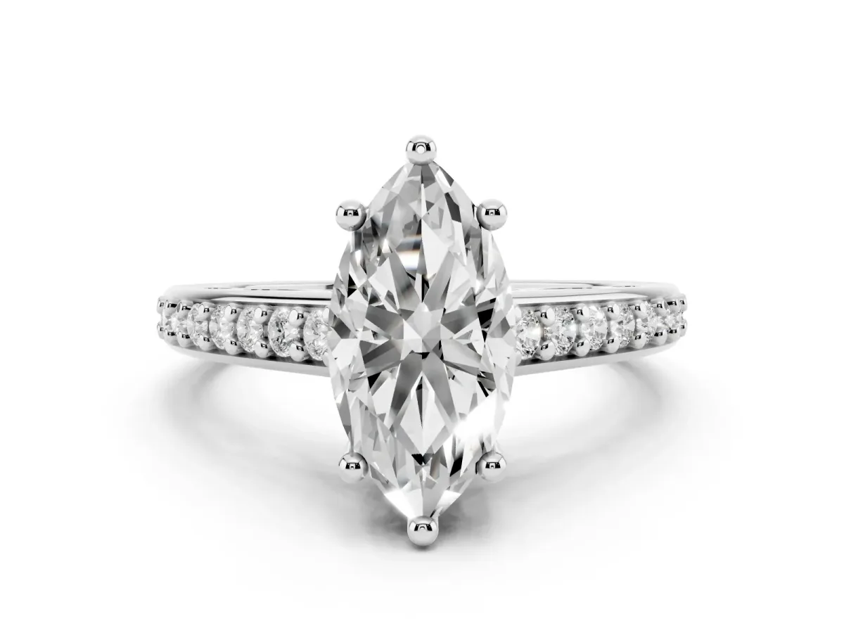 Marquise Cut Solitaire Prong Set Diamond Engagement Ring with Pave Band Platinum