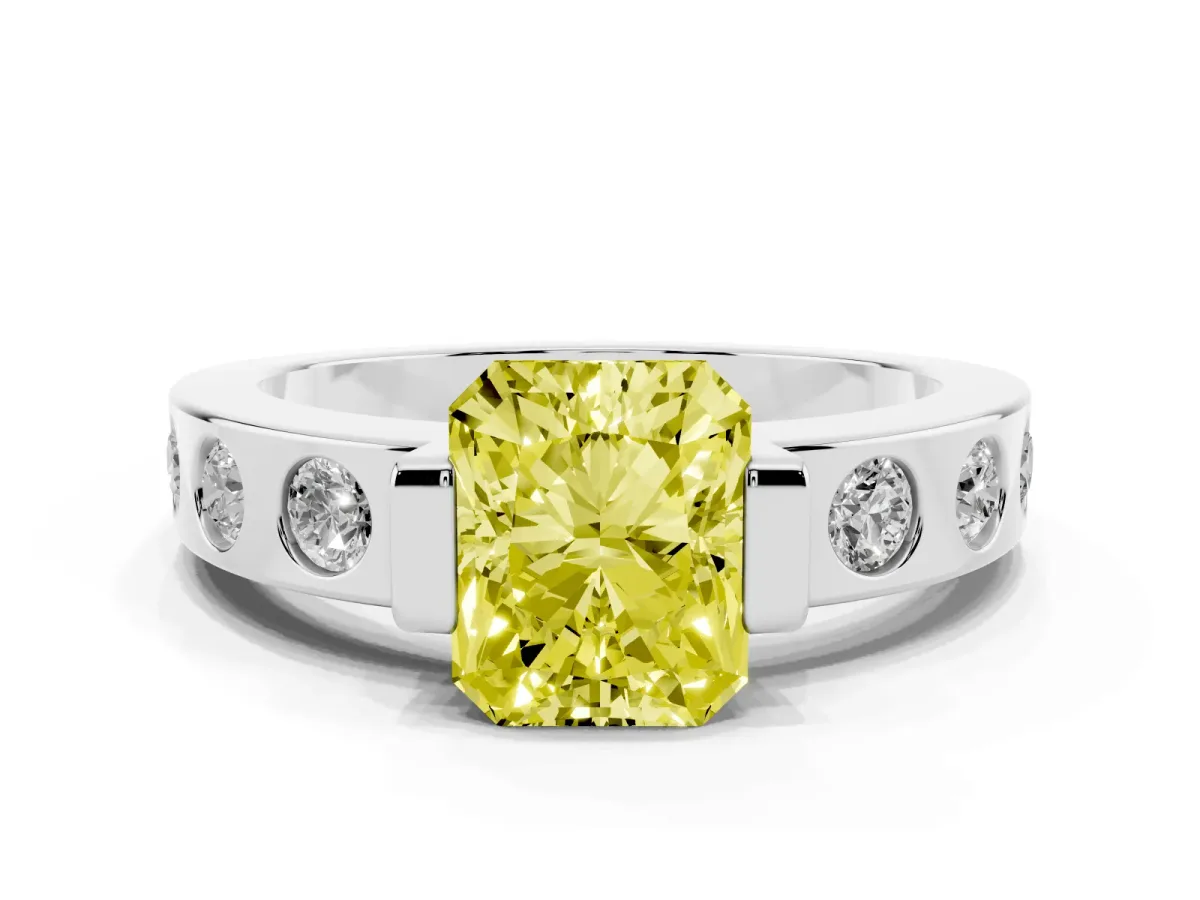 Fancy Yellow Radiant Cut Brilliant Channel-Set Diamond Ring with Bezel Prong Setting Silver