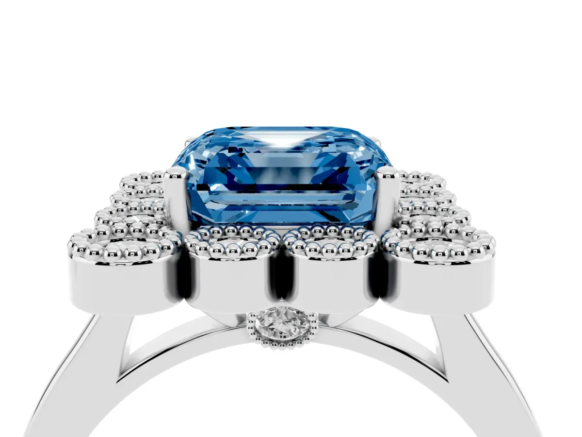 Fancy Blue Asscher Cut Halo Diamond Cluster Engagement Ring with Milgrain Bezel Setting and Solitaire Band Silver