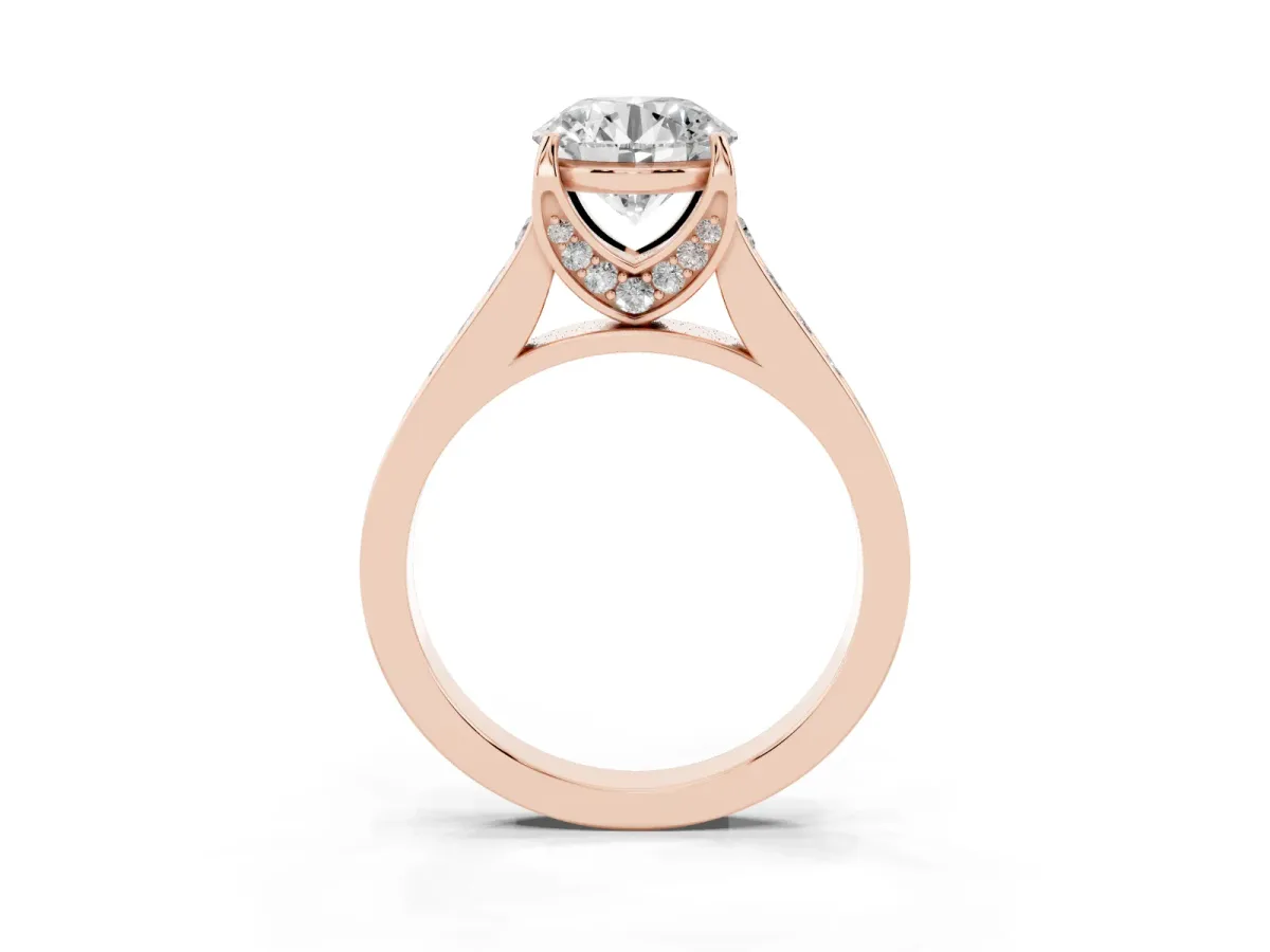 Round Cut Brilliant Cut Diamond Engagement Ring with Pavé Band and Four-Prong Setting Rose gold