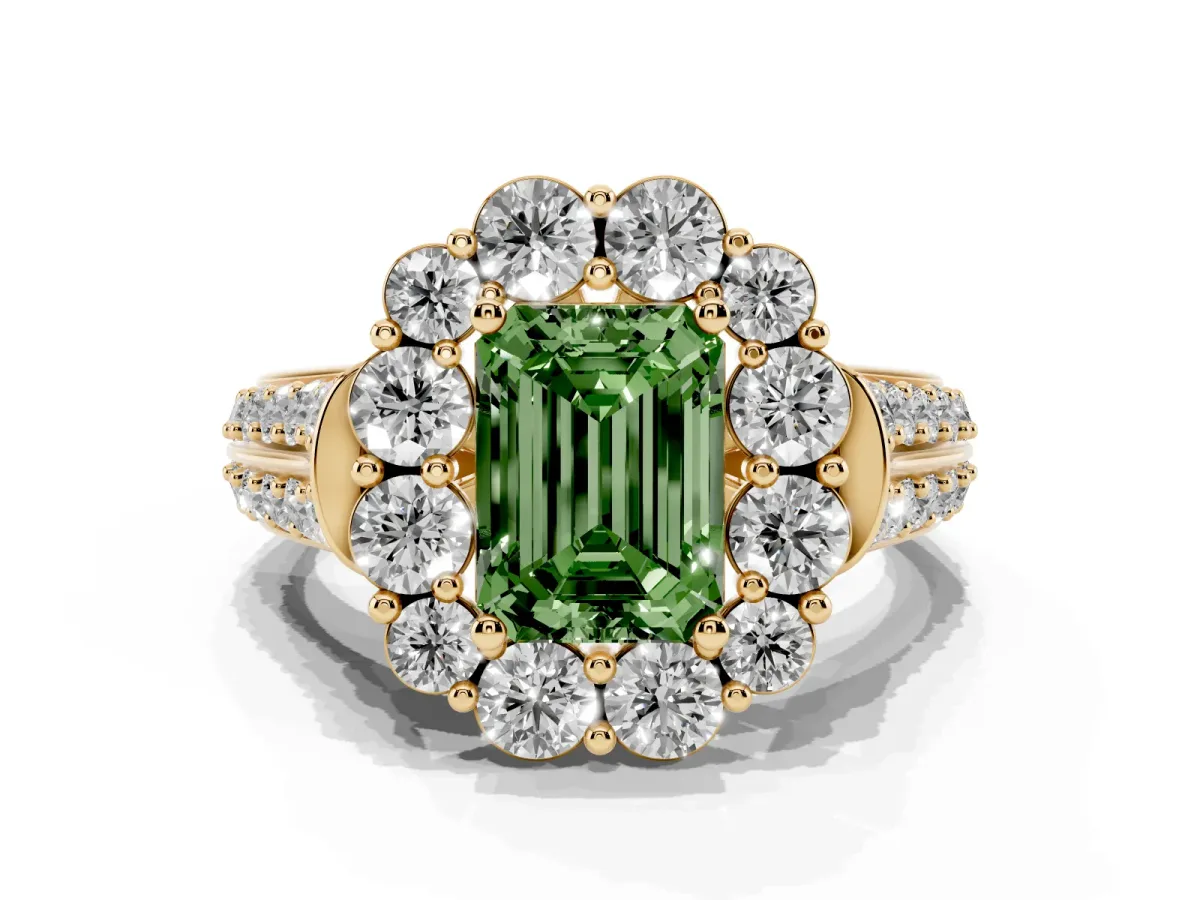 Fancy Green Emerald Cut Halo Diamond Engagement Ring with Split Shank and Prong Setting Yellow gold