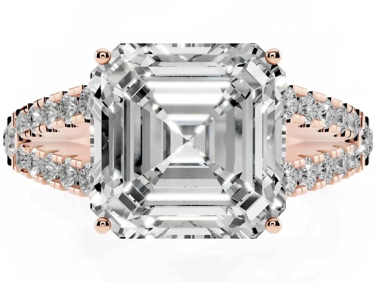 Asscher Cut Diamond Split Shank Pavé Engagement Ring with Four-Prong Setting Rose gold