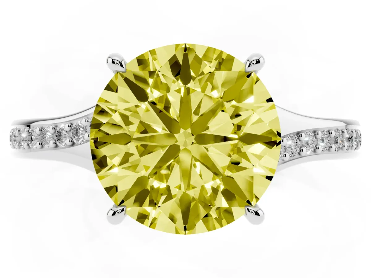 Fancy Yellow Round Cut Diamond Solitaire Ring with Pavé Band and Prong Setting Silver