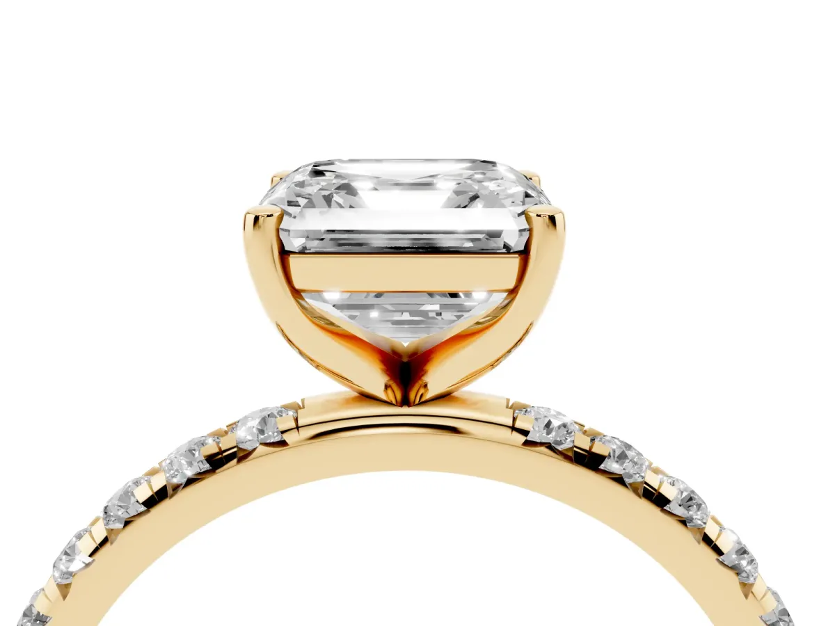Asscher Cut Cut Diamond Solitaire Ring with Micro Pave Band and Four Prong Setting Yellow gold