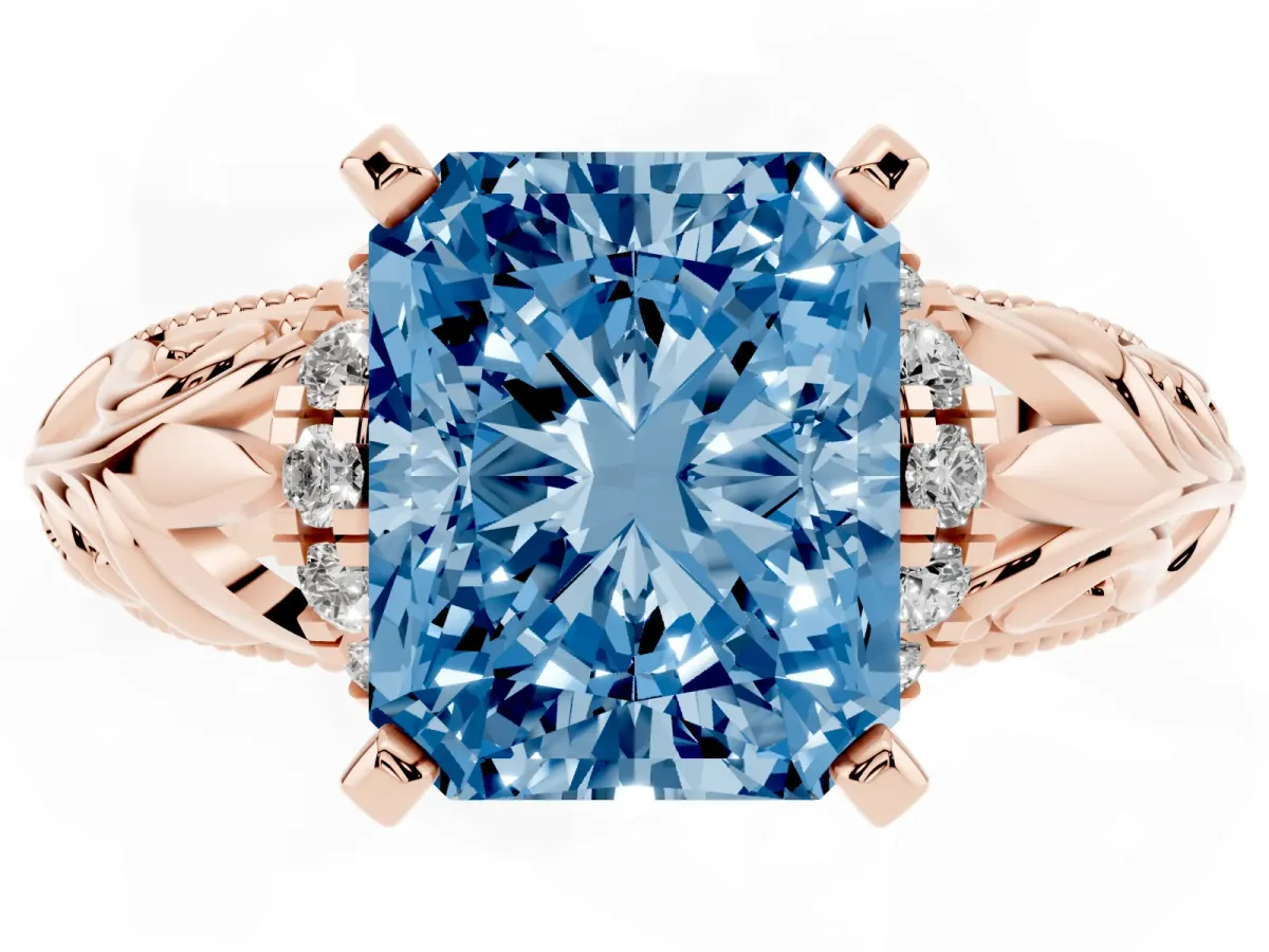 Fancy Blue Radiant Cut Solitaire Filigree Engagement Ring with Halo and Prong Setting Rose gold