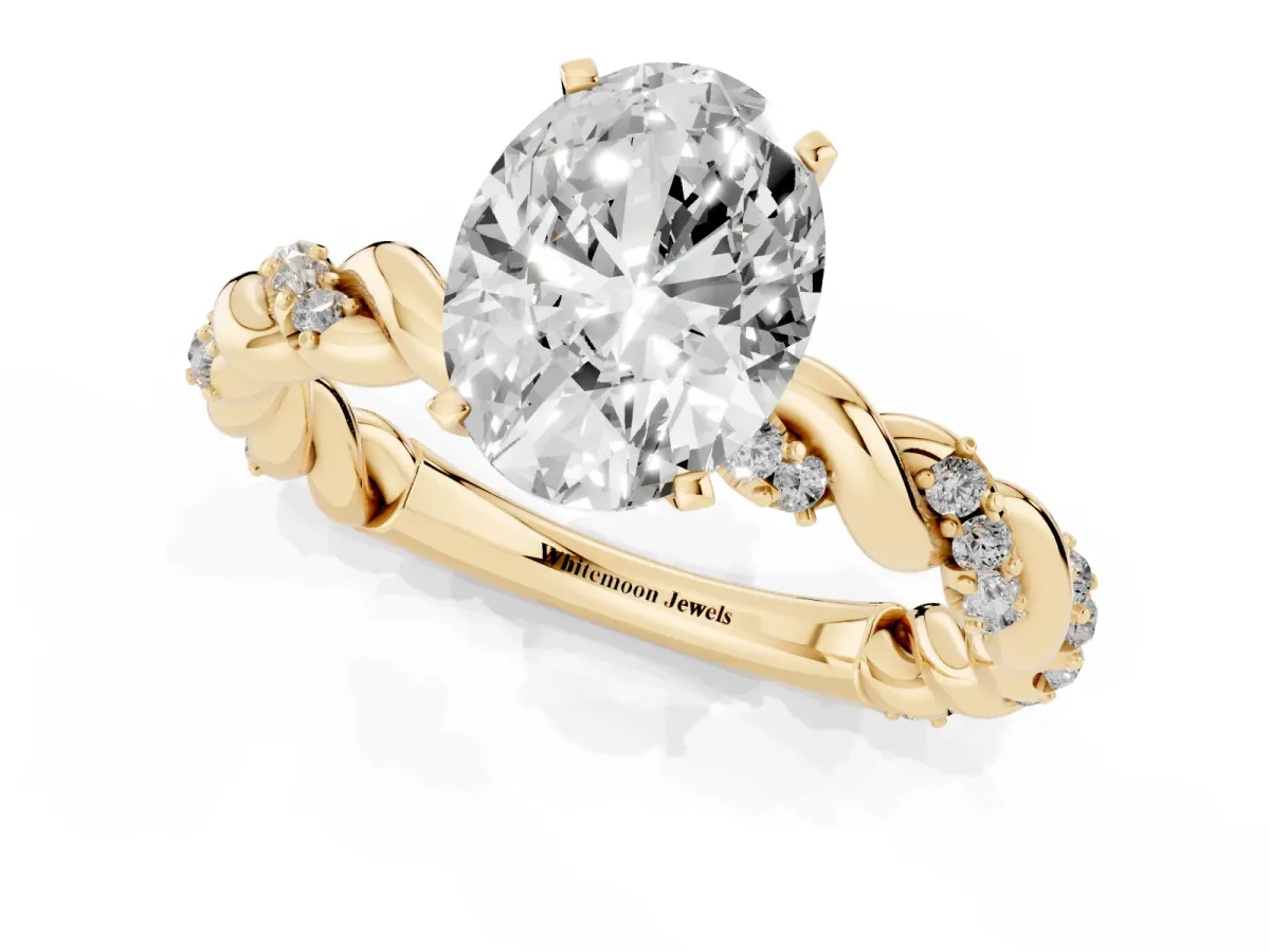 Oval Cut Diamond Solitaire Ring with Twisted Band and Pavé Accents Yellow gold