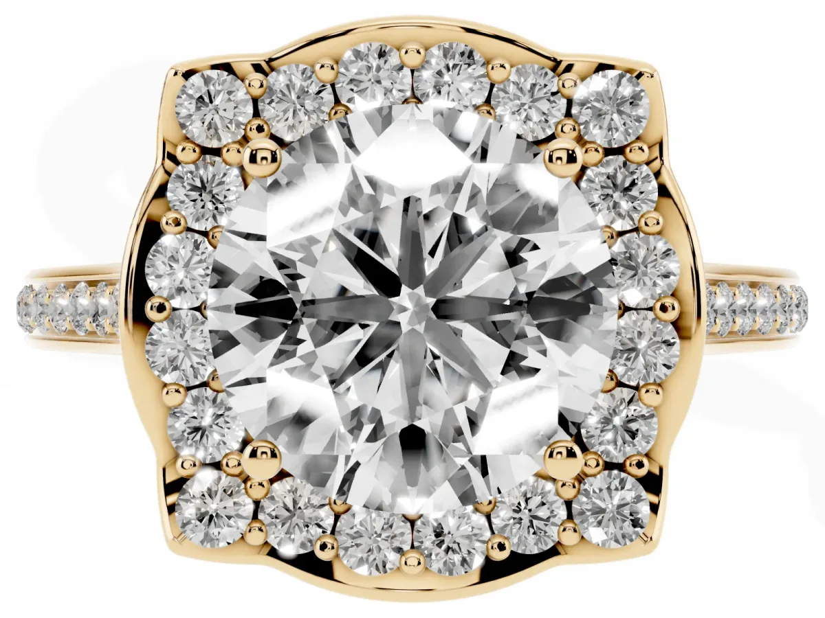 Round Cut Halo Round Diamond Pave Band with Four-Prong Setting Yellow gold