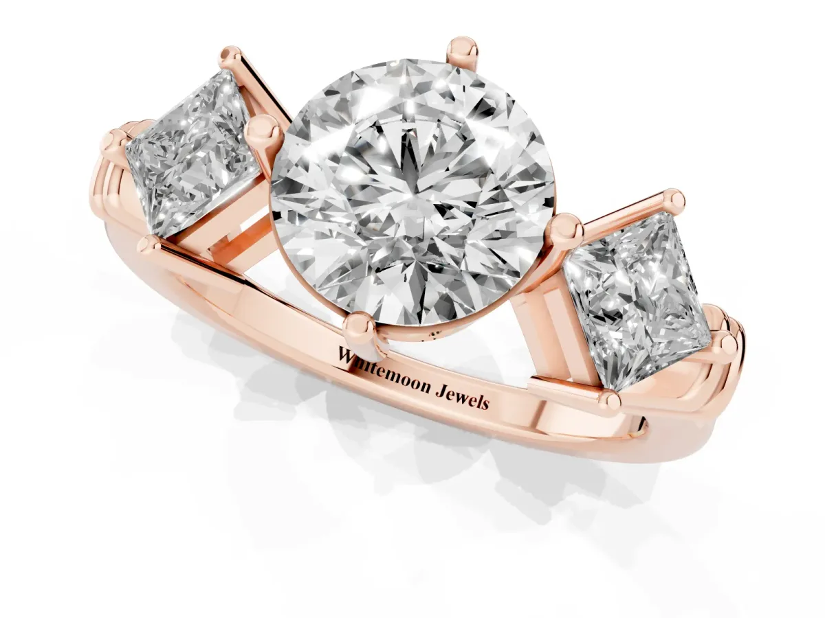 Three-Stone Round Cut and Princess Cut Diamond Ring with Channel Band and Four-Prong Setting Rose gold