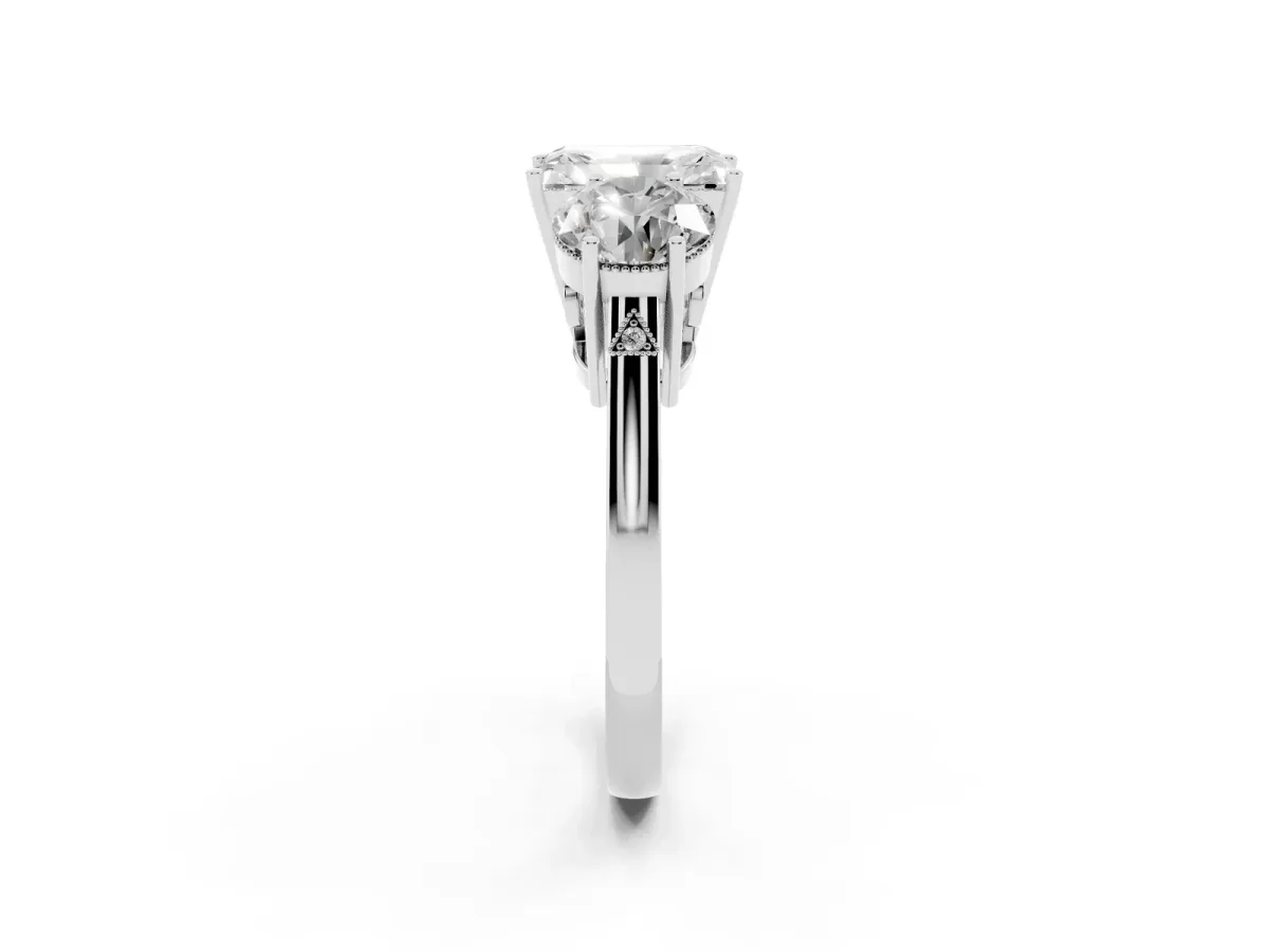 Three-Stone Radiant Cut Diamond Engagement Ring with Prong Setting on a Classic Band Silver