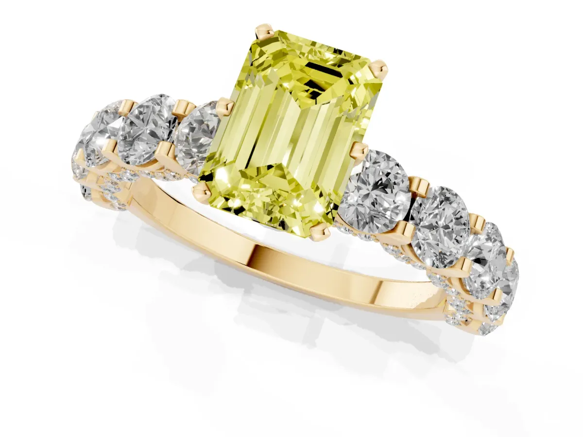 Fancy Yellow Emerald Cut Diamond Side Stone Engagement Ring with Four-Prong Setting Yellow gold