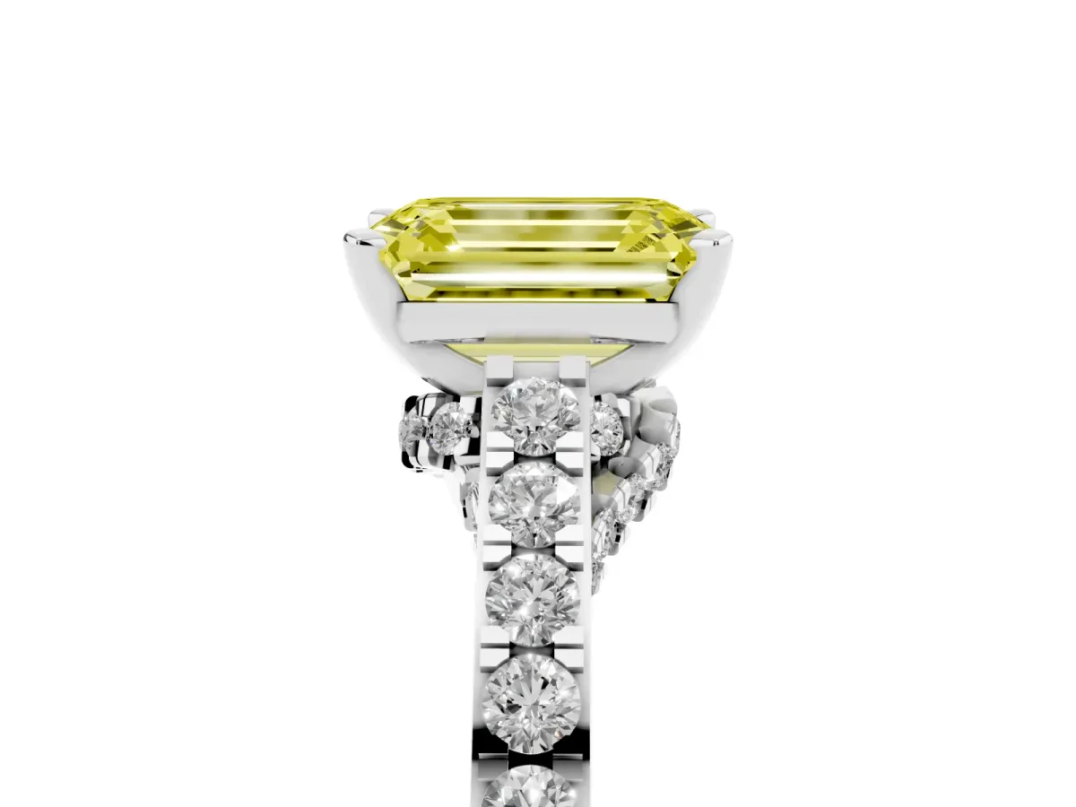 Fancy Yellow Emerald Cut Diamond Solitaire Ring with Crossover Gallery and Round Pavé Band Silver
