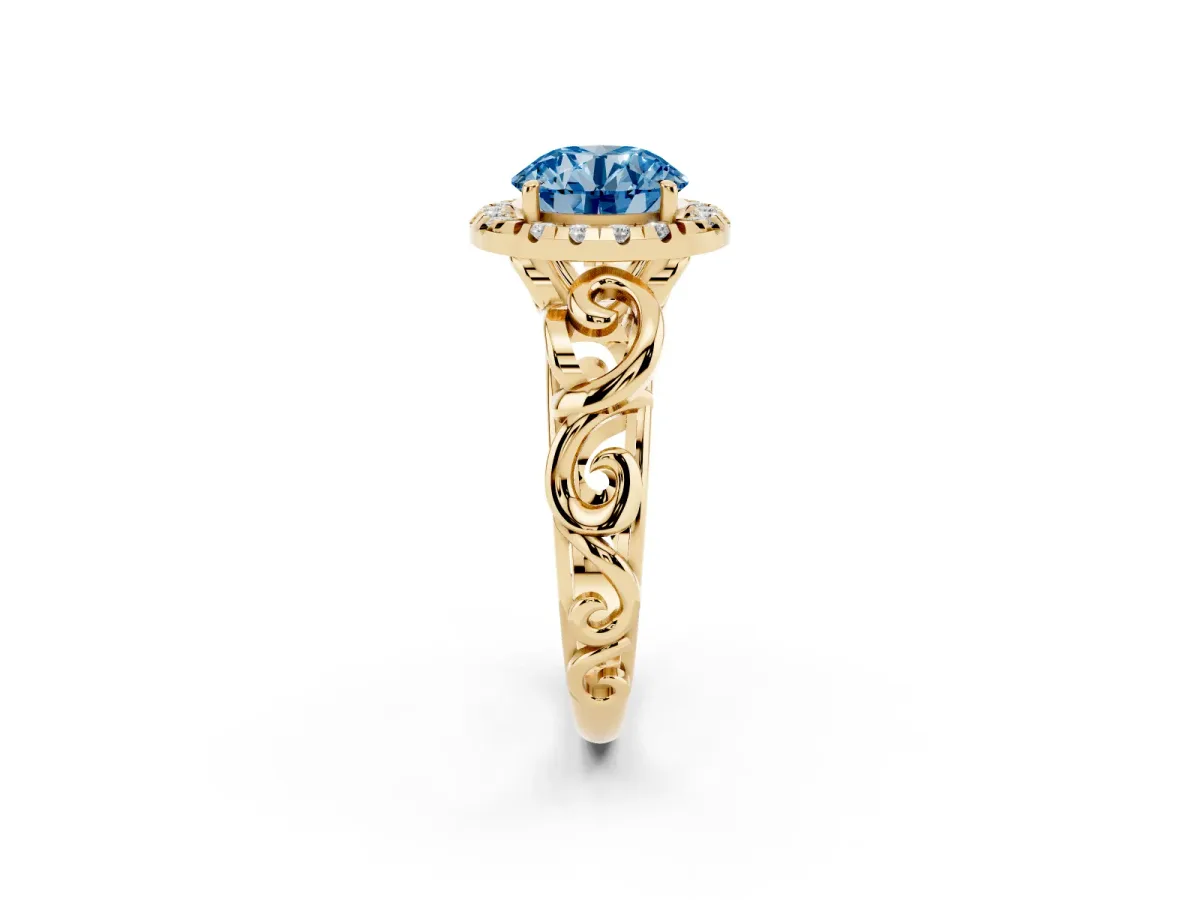Fancy Blue Round Cut Cut Halo Diamond Ring with Scrollwork Band and Four-Prong Setting Yellow gold