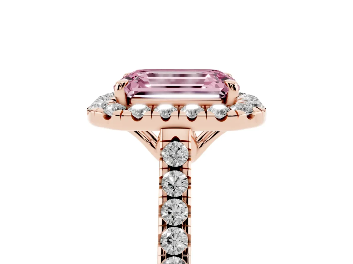 Fancy Pink Emerald Cut Halo Pavé Diamond Engagement Ring with Four-Prong Setting Rose gold
