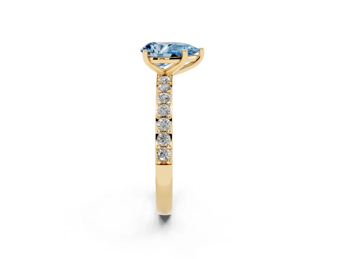 Fancy Blue Pear Cut Cut Diamond Solitaire with Pave Band and Four-Prong Setting Yellow gold