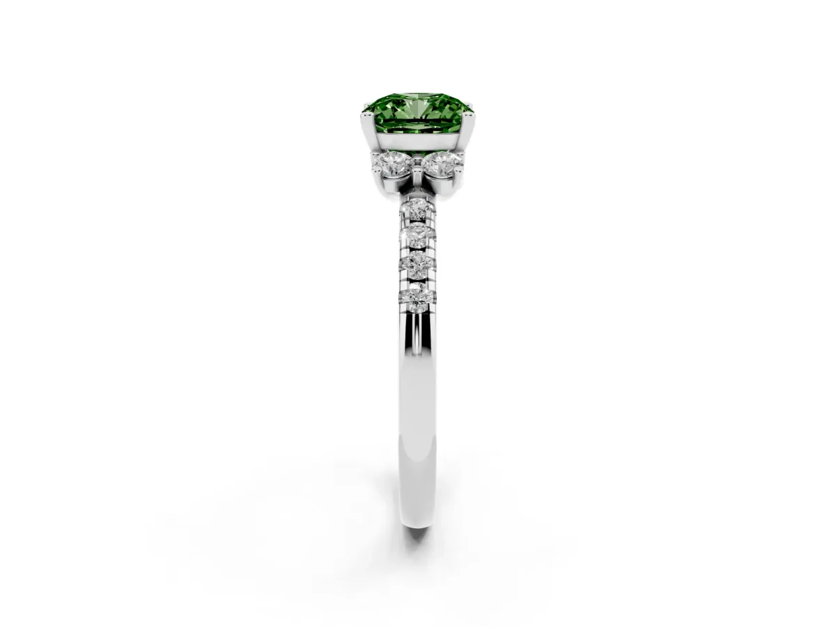 Fancy Green Cushion Cut Diamond Three-Stone Pave Band with Four-Prong Setting Silver