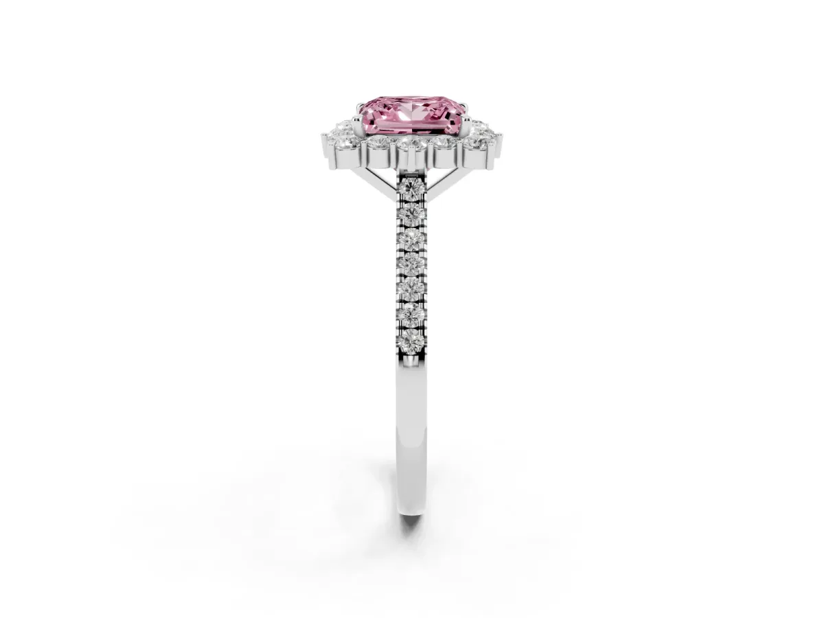 Fancy Pink Princess Cut Halo Diamond Ring with Pavé Band and Prong Setting Silver