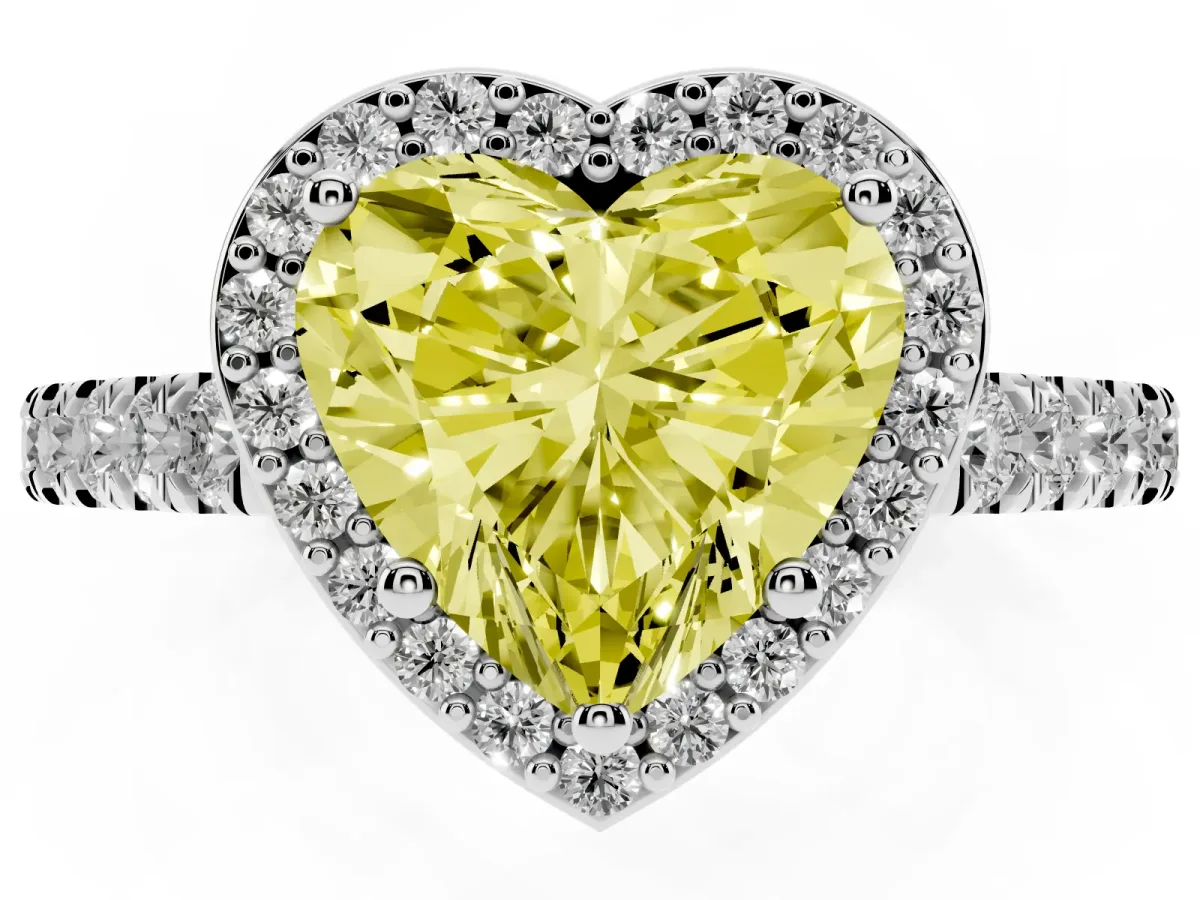 Fancy Yellow Heart Cut Cut Halo Diamond Engagement Ring with Pave Band and Four-Prong Setting Silver