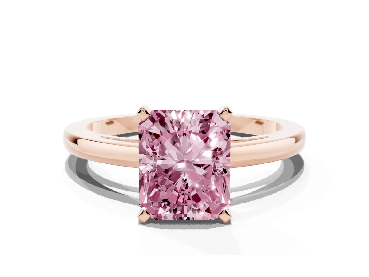 Fancy Pink Radiant Cut Solitaire Diamond Engagement Ring with Four-Prong Setting on a Classic Band Rose gold