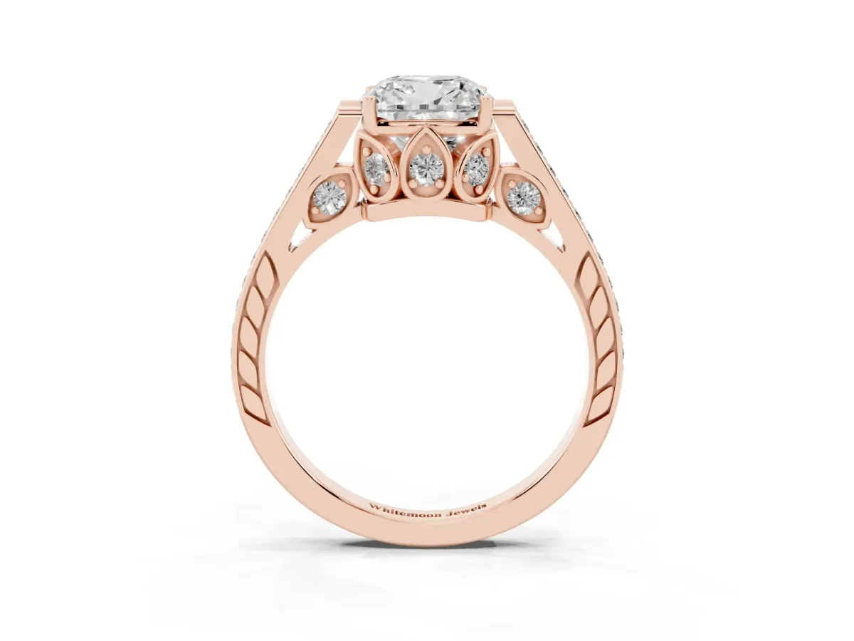 Cushion Cut Cut Cathedral Pave Diamond Engagement Ring with Six-Prong Setting Rose gold