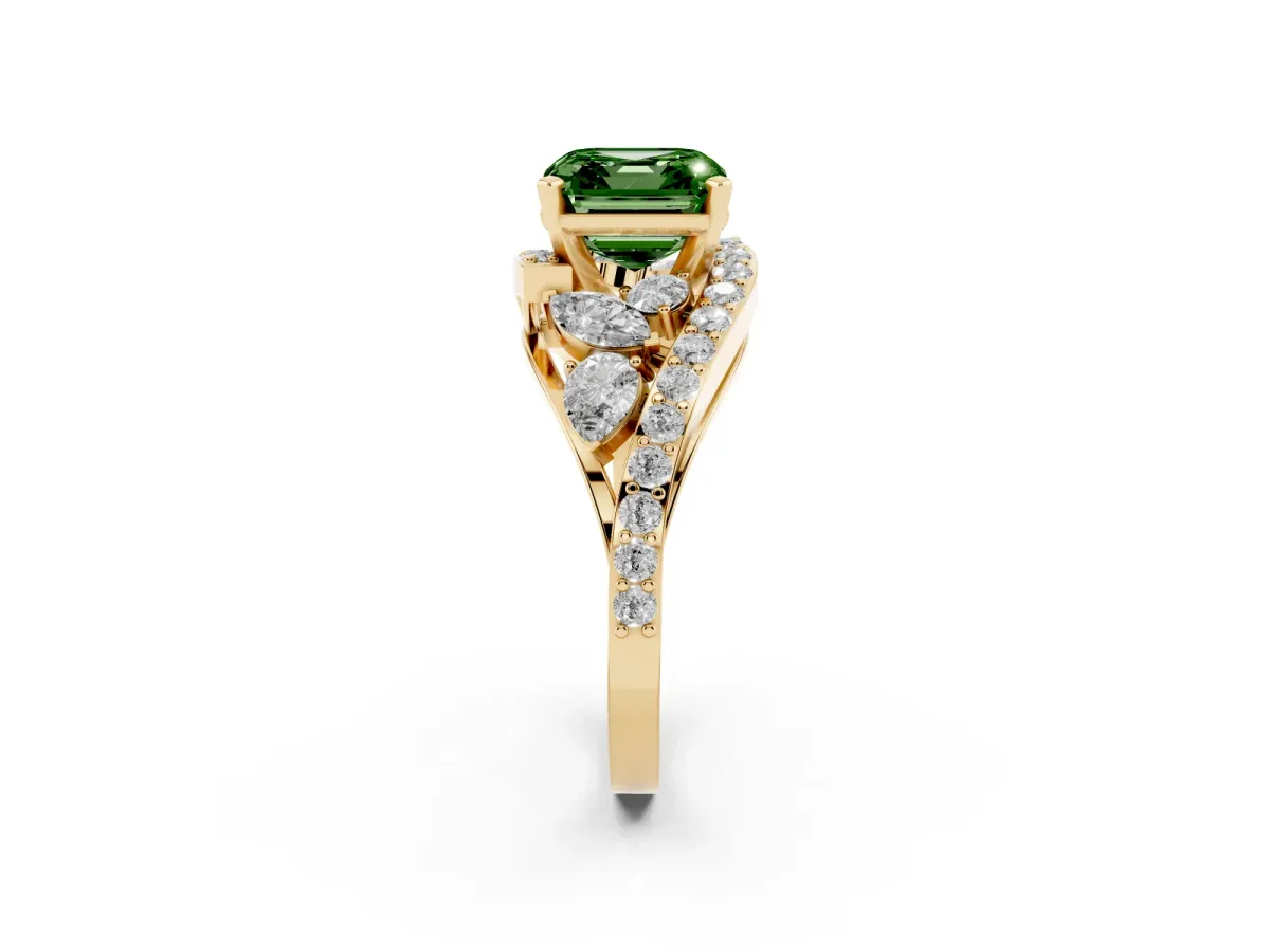Fancy Green Asscher Cut Diamond Halo Ring with Marquise and Pavé Band in Prong Setting Yellow gold