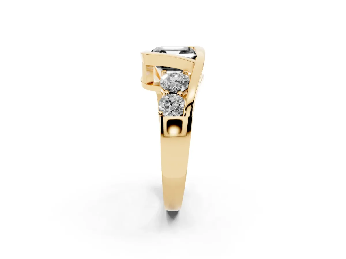 Fancy Black Bezel Set Asscher Cut Diamond Bypass Ring with Round Accents Yellow gold