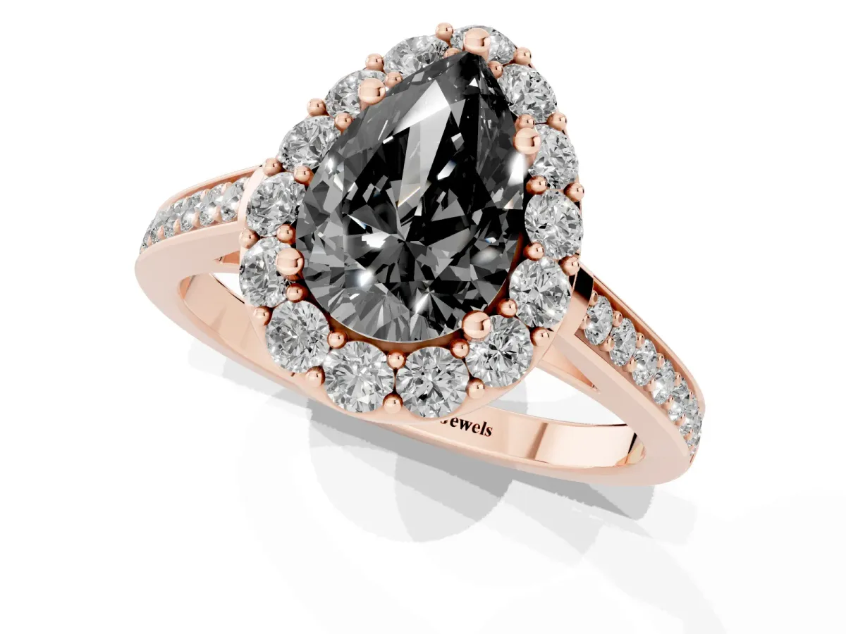 Fancy Black Pear Cut Diamond Floral Halo Ring with Pavé Band and Prong Setting Rose gold