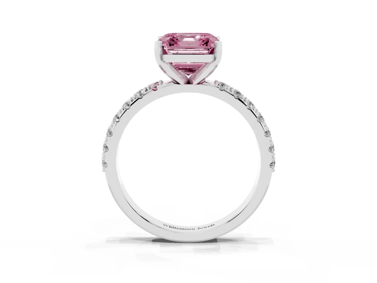 Fancy Pink Asscher Cut Diamond Solitaire Pavé Band with Four-Prong Setting Silver