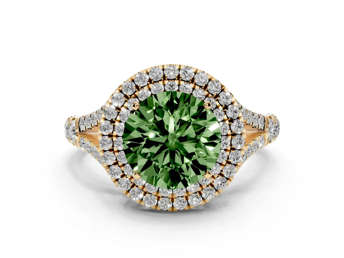 Fancy Green Round Cut Diamond Double Halo Ring with Split Shank and Prong Setting Yellow gold