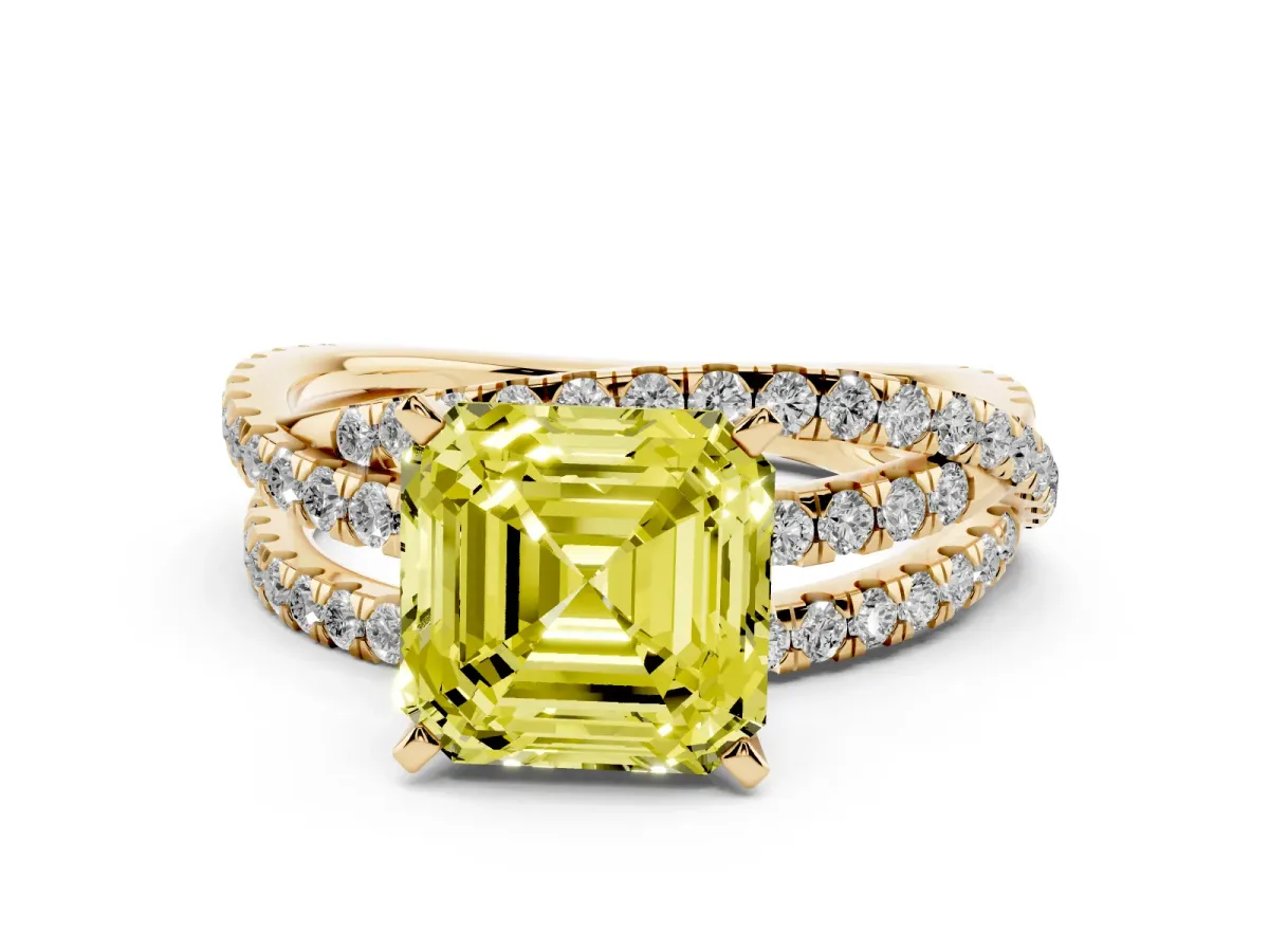 Fancy Yellow Asscher Cut Solitaire Twist Band with Pavé Setting and Four-Prong Setting Yellow gold