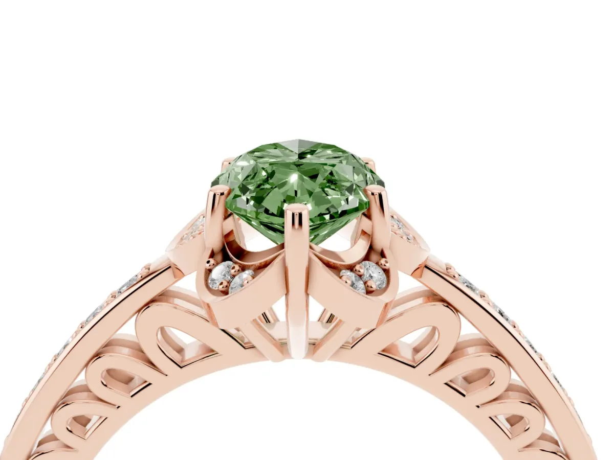 Fancy Green Marquise Cut Cut Halo Diamond Ring with Channel Set Band and Four-Prong Setting Rose gold