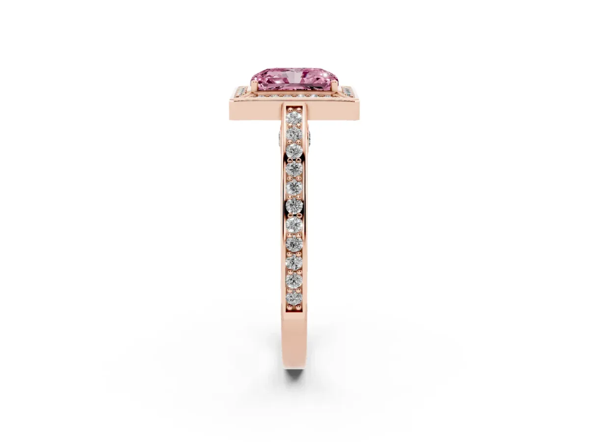 Fancy Pink Radiant Cut Cut Halo Pave Split Shank Prong Setting Ring Rose gold