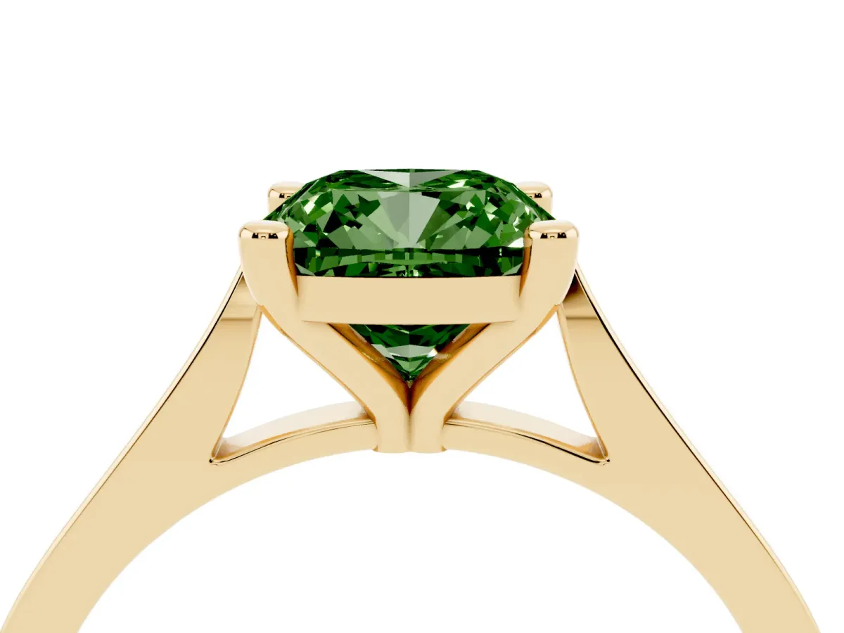 Fancy Green Cushion Cut Solitaire Diamond Ring with Four-Prong Setting and Tapered Band Yellow gold