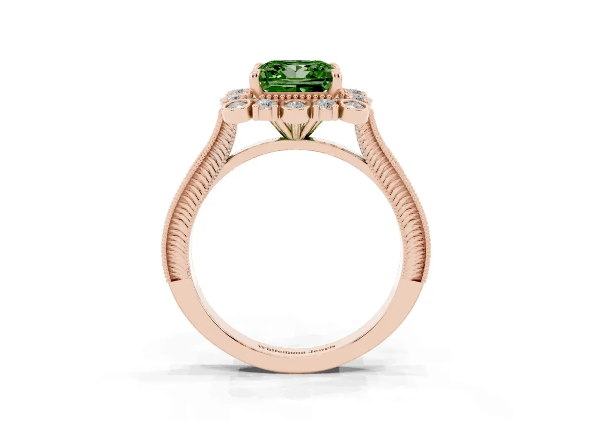 Fancy Green Princess Cut Halo Milgrain Pave Diamond Ring with Four-Prong Setting Rose gold