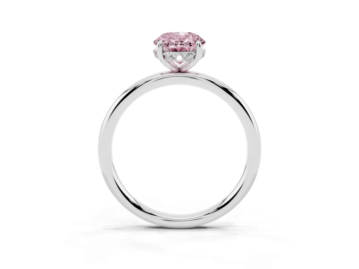 Fancy Pink Oval Cut Solitaire Diamond Ring with a Classic Band and Four-Prong Setting Silver