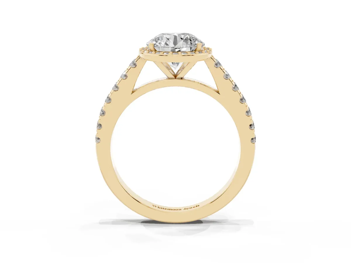 Round Cut Cut Halo Diamond Engagement Ring with Pave Band and Four-Prong Setting Yellow gold