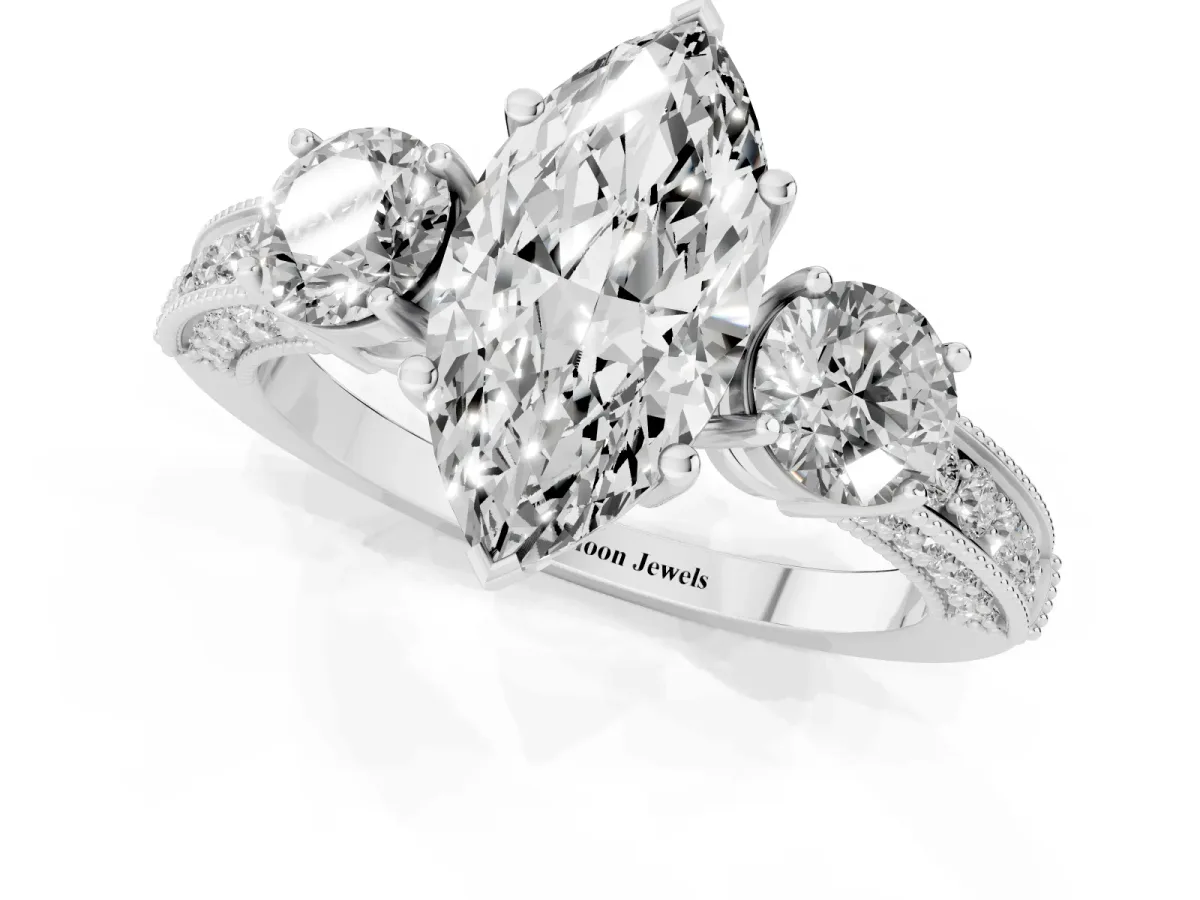 Marquise Cut Three-Stone Diamond Ring with Pavé Band and Four-Prong Setting Silver