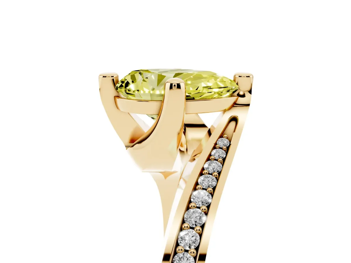 Fancy Yellow Pear Cut Solitaire Diamond Twist Band with Pavé Setting and Four-Prong Setting Yellow gold