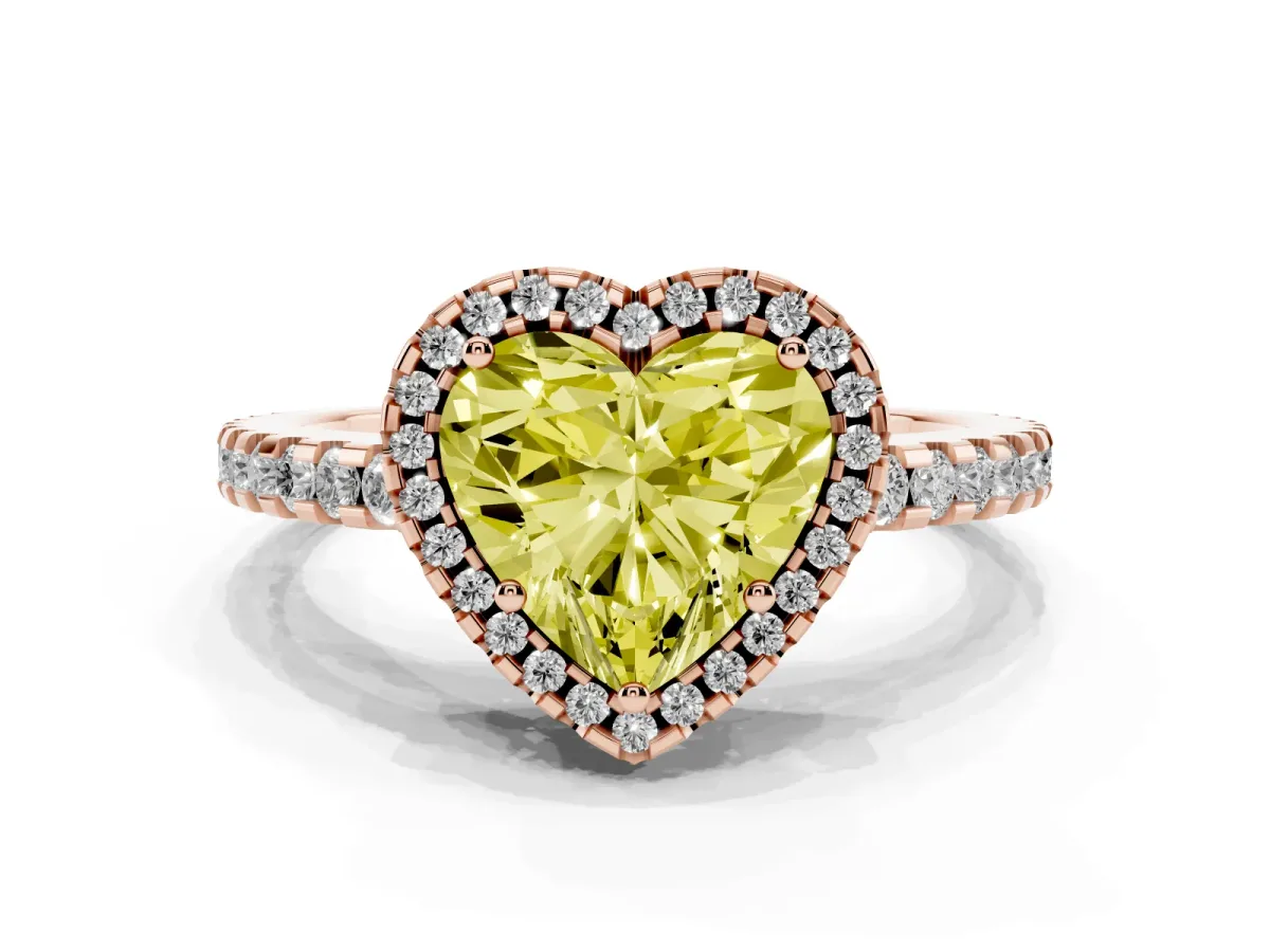 Fancy Yellow Heart Cut Diamond Halo Engagement Ring with Pavé Band and Prong Setting Rose gold