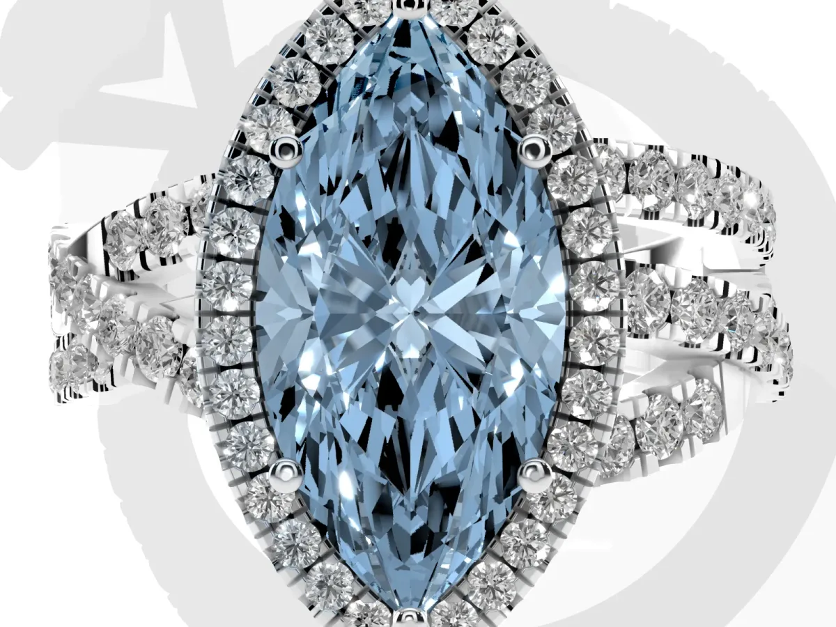 Fancy Blue Marquise Cut Diamond Halo Ring with Round Split Shank and Prong Setting Platinum