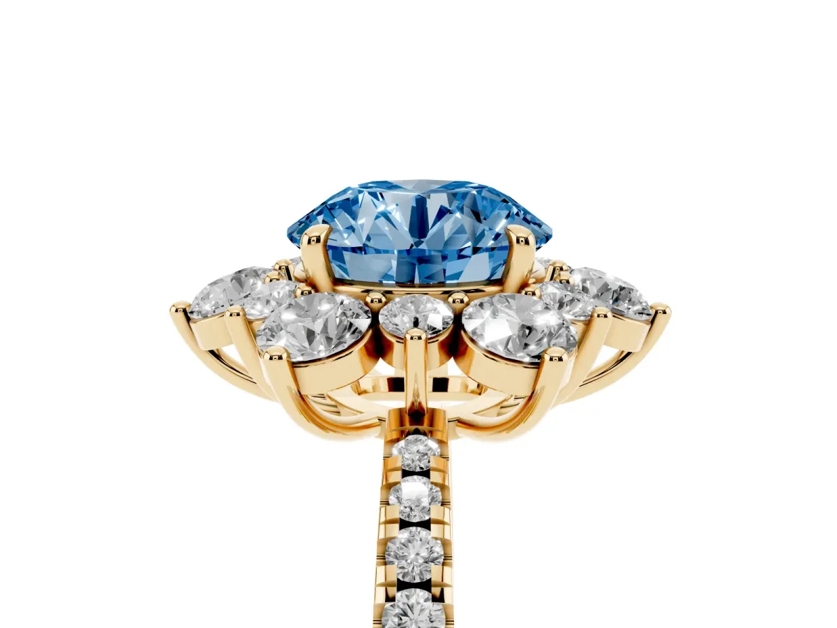 Fancy Blue Round Cut Diamond Floral Halo Ring with Round Pavé Band and Prong Setting Yellow gold