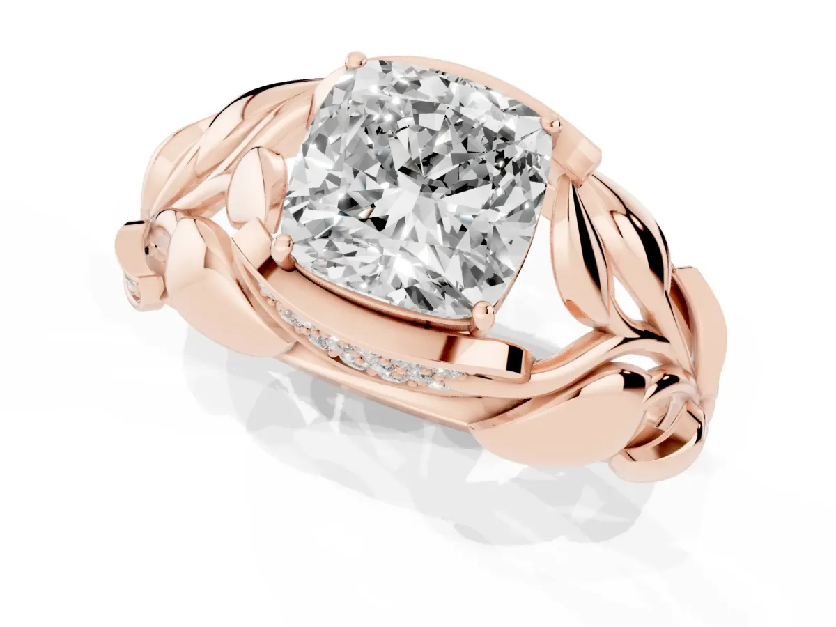 Cushion Cut Diamond Leaf-Inspired Engagement Ring with Round Accents and Prong Setting Rose gold