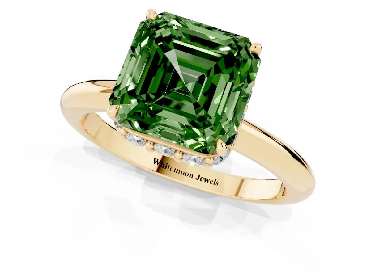 Fancy Green Asscher Cut Brilliant Solitaire Engagement Ring with Six-Prong Setting and Classic Band Yellow gold